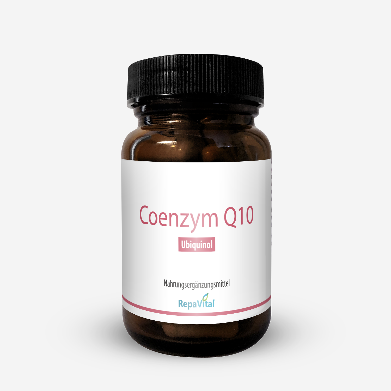 Braunglasdose des Nahrungsergänzungsmittels RepaVital Coenzym Q10 mit aktivem Ubiquinol – die bioverfügbare Form des Coenzyms Q10 für Energie und Zellschutz