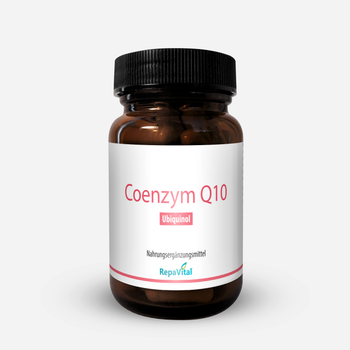 Braunglasdose des Nahrungsergänzungsmittels RepaVital Coenzym Q10 mit aktivem Ubiquinol – die bioverfügbare Form des Coenzyms Q10 für Energie und Zellschutz