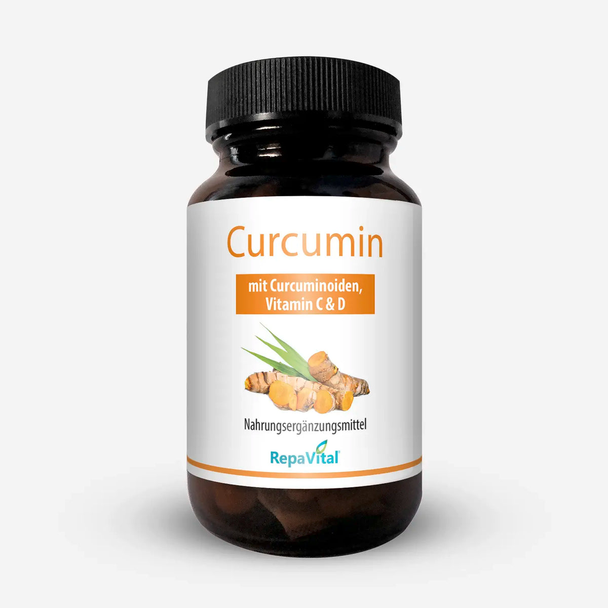 RepaVital Curcumin Nahrungsergänzungsmittel mit Curcuminoiden aus Curcumawurzel-Extrakt sowie Vitamin C und D – Braunglasflasche mit Etikett und Illustration von Kurkuma.