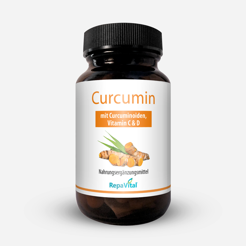 RepaVital Curcumin Nahrungsergänzungsmittel mit Curcuminoiden aus Curcumawurzel-Extrakt sowie Vitamin C und D – Braunglasflasche mit Etikett und Illustration von Kurkuma.
