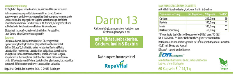 Produktetikett Darm 13 von RepaVital mit Verzehrempfehlung, Zutaten und Zusammensetzung mit Milchsäurebakterien
