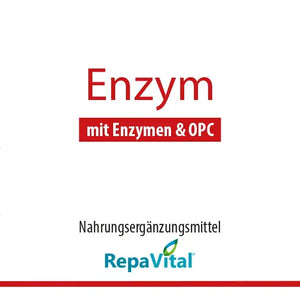 Etikett des Nahrungsergänzungsmittels RepaVital „Enzym – mit Enzymen & OPC“. Enthält Rutin, Bromelain, Pankreatin (mit Amylase, Trypsin und Chymotrypsin), Papain, Quercetin und OPC aus Traubenkernextrakt. 