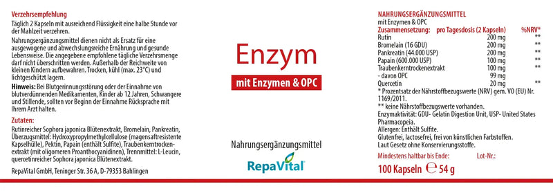 Etikett des Nahrungsergänzungsmittels RepaVital „Enzym – mit Enzymen & OPC“. Enthält Rutin, Bromelain, Pankreatin (mit Amylase, Trypsin und Chymotrypsin), Papain, Quercetin und OPC aus Traubenkernextrakt. 