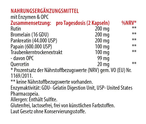 Zusammensetzung eines Nahrungsergänzungsmittels mit Enzymen, OPC, Bromelain, Papain und Traubenkernextrakt