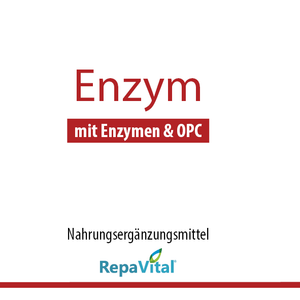 Etikett des Nahrungsergänzungsmittels RepaVital „Enzym – mit Enzymen & OPC“. Enthält Rutin, Bromelain, Pankreatin (mit Amylase, Trypsin und Chymotrypsin), Papain, Quercetin und OPC aus Traubenkernextrakt. Glutenfrei, laktosefrei, ohne künstliche Farbstoffe. Verzehrempfehlung: 2 Kapseln täglich vor der Mahlzeit.