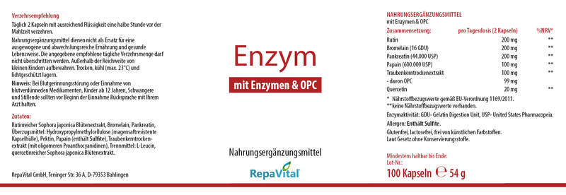 Etikett des Nahrungsergänzungsmittels RepaVital „Enzym – mit Enzymen & OPC“. Enthält Rutin, Bromelain, Pankreatin (mit Amylase, Trypsin und Chymotrypsin), Papain, Quercetin und OPC aus Traubenkernextrakt. Glutenfrei, laktosefrei, ohne künstliche Farbstoffe. Verzehrempfehlung: 2 Kapseln täglich vor der Mahlzeit.