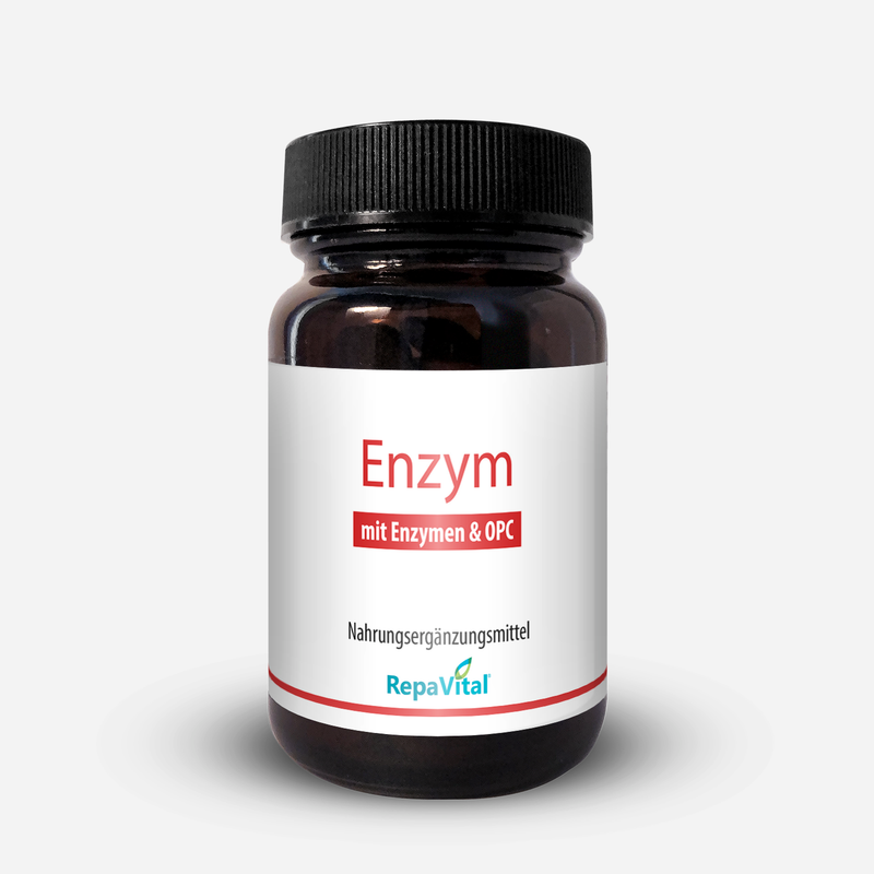 Braunglasdose mit dem RepaVital-Produkt „Enzym – mit Enzymen & OPC“ – enthält Amylase, Trypsin, Chymotrypsin, Bromelain und Papain als Nahrungsergänzung zur Enzymzufuhr.