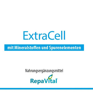 Etikett von ExtraCell von RepaVital – veganes Nahrungsergänzungsmittel mit Calcium, Magnesium, Zink, Mangan, Selen und weiteren Spurenelementen