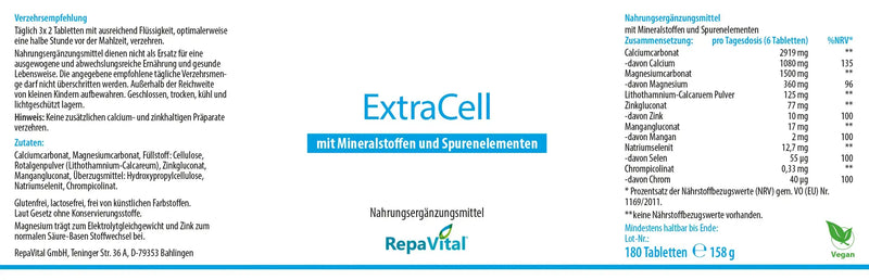 Etikett von ExtraCell von RepaVital – veganes Nahrungsergänzungsmittel mit Calcium, Magnesium, Zink, Mangan, Selen und weiteren Spurenelementen