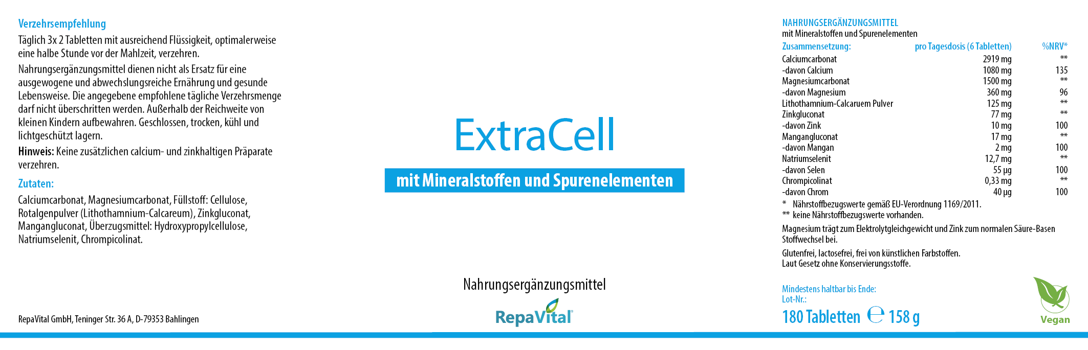 Etikett von ExtraCell von RepaVital – veganes Nahrungsergänzungsmittel mit Calcium, Magnesium, Zink, Mangan, Selen und weiteren Spurenelementen zur Unterstützung des Elektrolytgleichgewichts, 180 Tabletten
