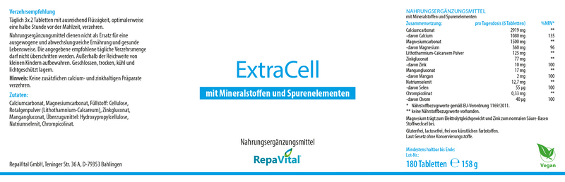 Etikett von ExtraCell von RepaVital – veganes Nahrungsergänzungsmittel mit Calcium, Magnesium, Zink, Mangan, Selen und weiteren Spurenelementen zur Unterstützung des Elektrolytgleichgewichts, 180 Tabletten