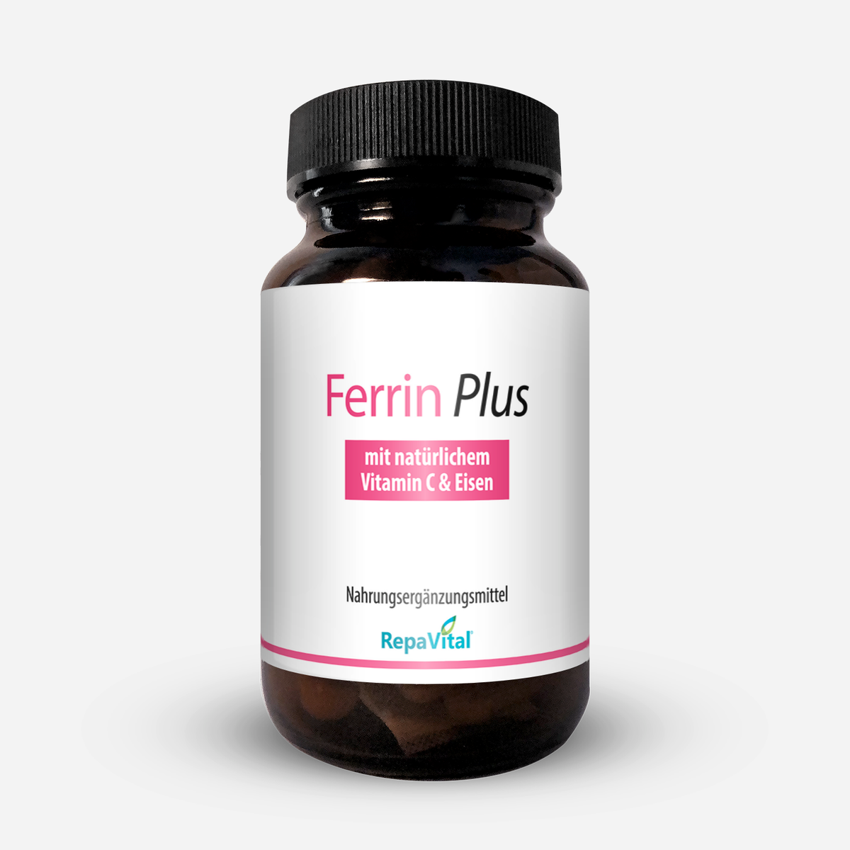 Braunglasflasche des Nahrungsergänzungsmittels RepaVital „Ferrin Plus – mit natürlichem Vitamin C & Eisen“. Enthält natürliches Eisen aus Curryblattextrakt und Vitamin C zur Unterstützung der täglichen Versorgung.