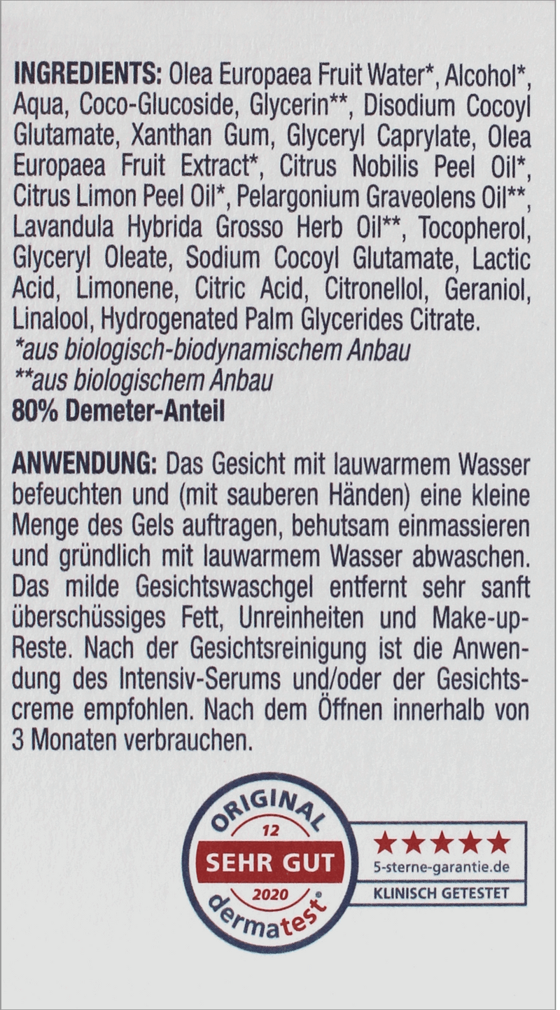 Inhaltsstoffe und Anwendung des milden Gesichtswaschgels mit 80 % Demeter-Anteil – sanfte Reinigung mit biologisch-dynamischen Inhaltsstoffen.