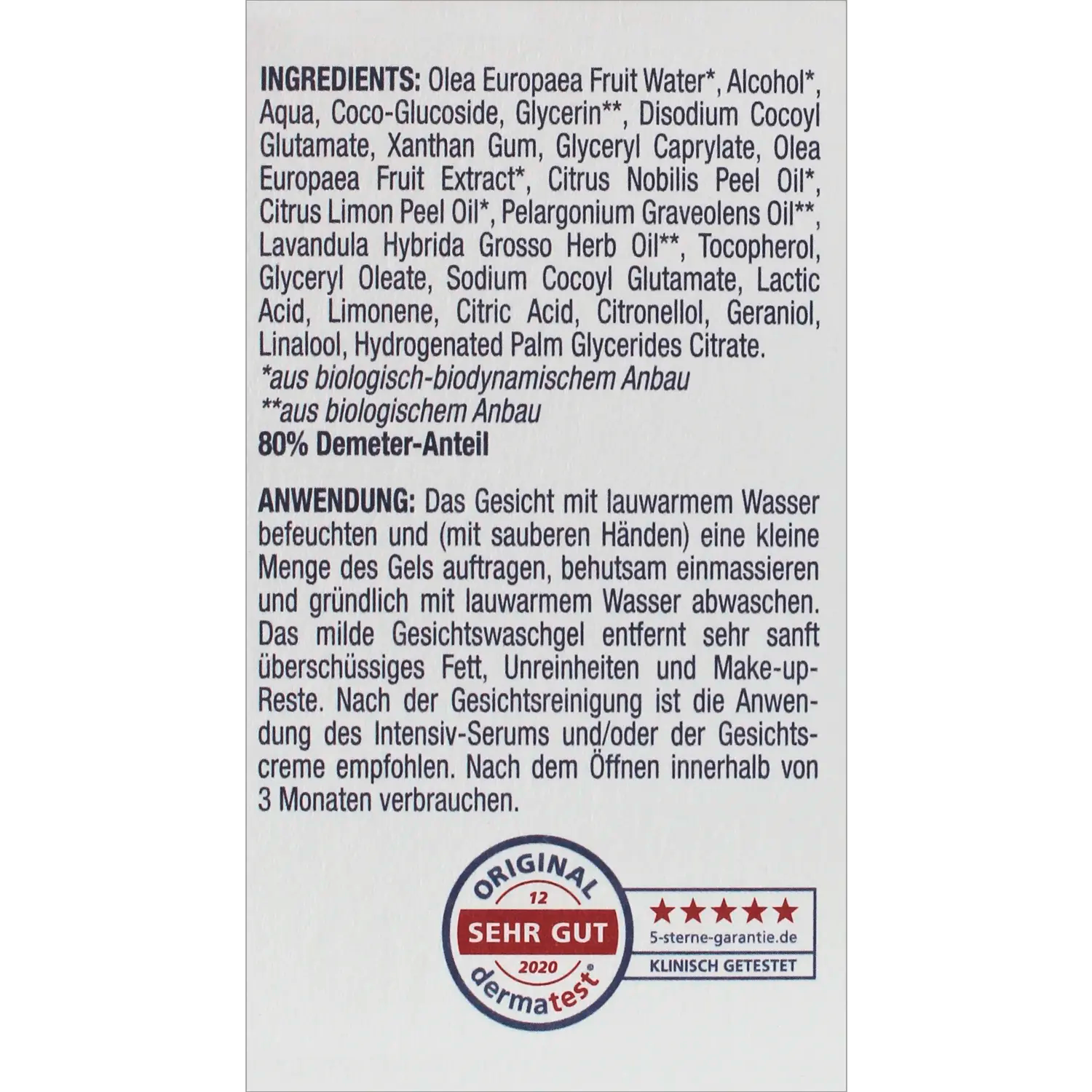 Inhaltsstoffe und Anwendung des milden Gesichtswaschgels mit 80 % Demeter-Anteil – sanfte Reinigung mit biologisch-dynamischen Inhaltsstoffen.