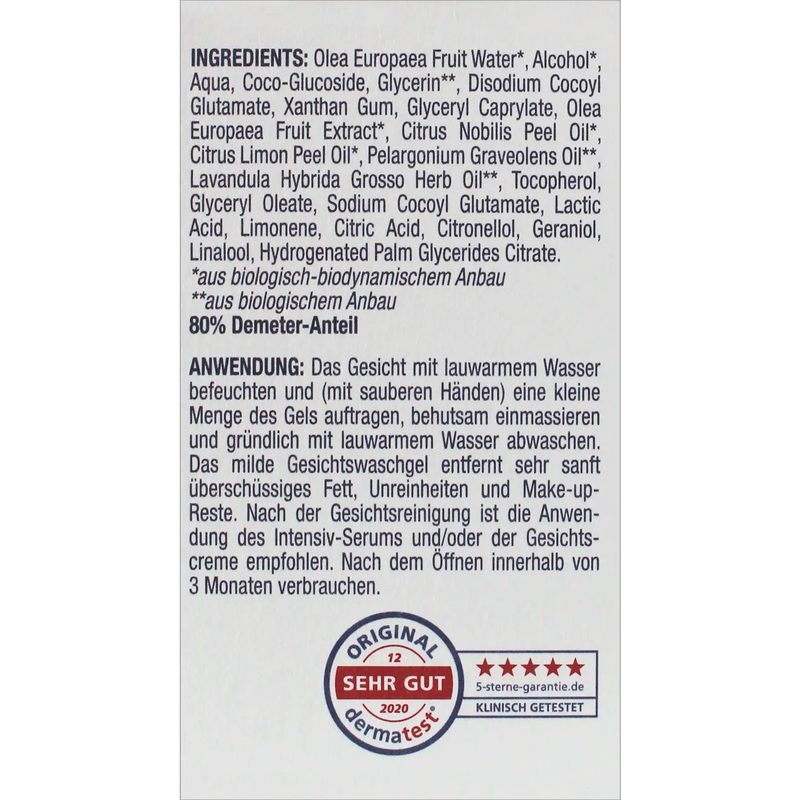 Inhaltsstoffe und Anwendung des milden Gesichtswaschgels mit 80 % Demeter-Anteil – sanfte Reinigung mit biologisch-dynamischen Inhaltsstoffen.