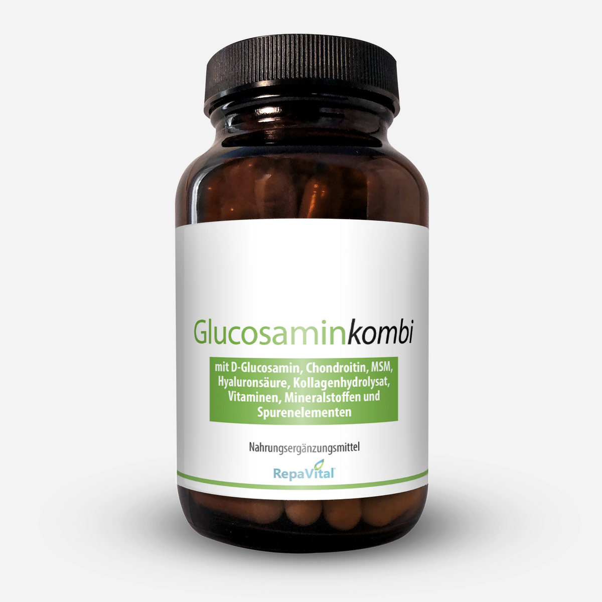 Braunglasflasche von Glucosamin Kombi von RepaVital mit weiß-grünem Etikett. Enthält eine kombinierte Formel aus D-Glucosamin, Chondroitin, MSM, Hyaluronsäure, Kollagenhydrolysat sowie Vitaminen (C, B1, B6, B12), Zink, Kupfer, Mangan und Selen. Entwickelt zur Unterstützung des Kollagenaufbaus für Knochen und Knorpel. Nahrungsergänzungsmittel, 120 Kapseln.
