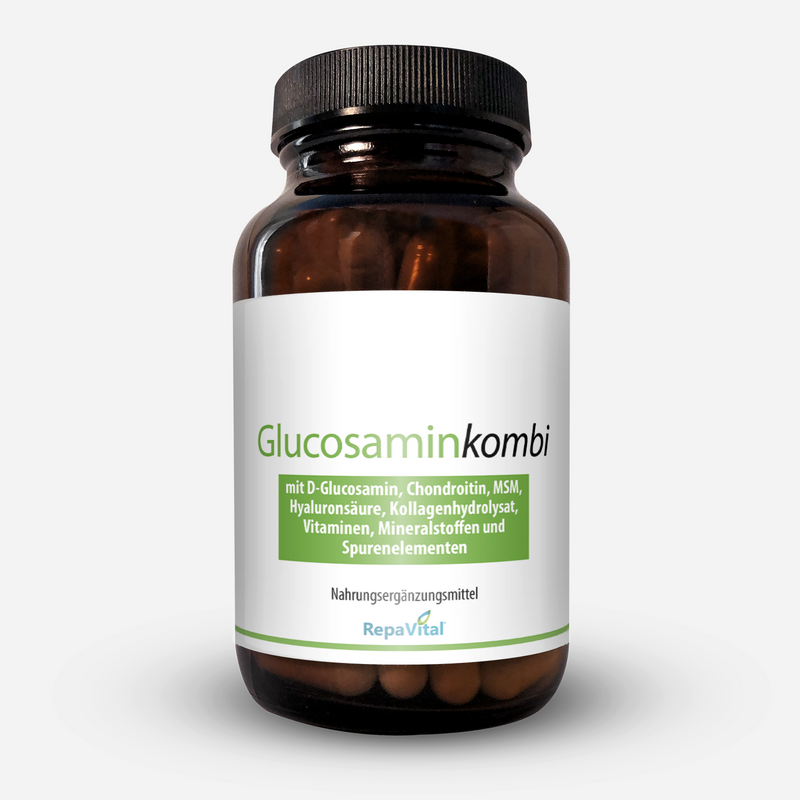 Braunglasflasche von Glucosamin Kombi von RepaVital mit weiß-grünem Etikett. Enthält eine kombinierte Formel aus D-Glucosamin, Chondroitin, MSM, Hyaluronsäure, Kollagenhydrolysat sowie Vitaminen (C, B1, B6, B12), Zink, Kupfer, Mangan und Selen. Entwickelt zur Unterstützung des Kollagenaufbaus für Knochen und Knorpel. Nahrungsergänzungsmittel, 120 Kapseln.