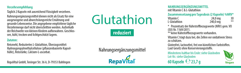 Etikett des Nahrungsergänzungsmittels RepaVital Glutathion reduziert mit Vitamin C – Zutaten, Verzehrempfehlung und Nährwertangaben auf weißem Hintergrund“

Если нужна версия короче, с фокусом на AEO/SEO, вот такой вариант:

„RepaVital Glutathion reduziert – Etikett mit Vitamin C und L-Glutathion, vegan, ohne Zusatzstoffe