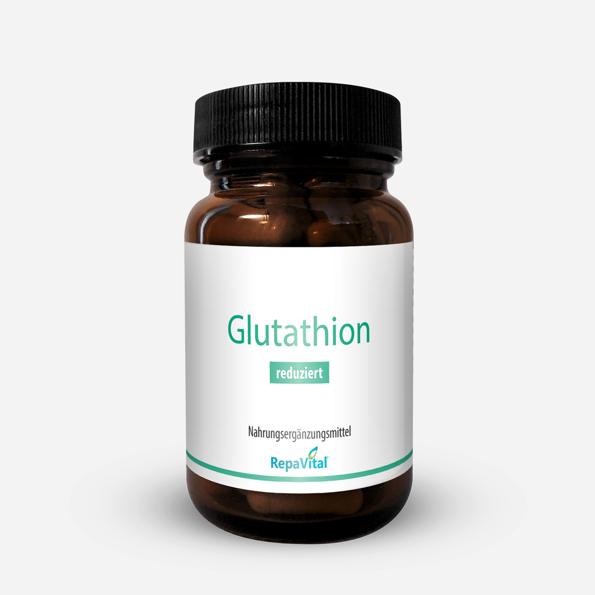 RepaVital Glutathion reduziert – Nahrungsergänzungsmittel mit reduziertem L-Glutathion in Braunglasdose mit weißem Etikett