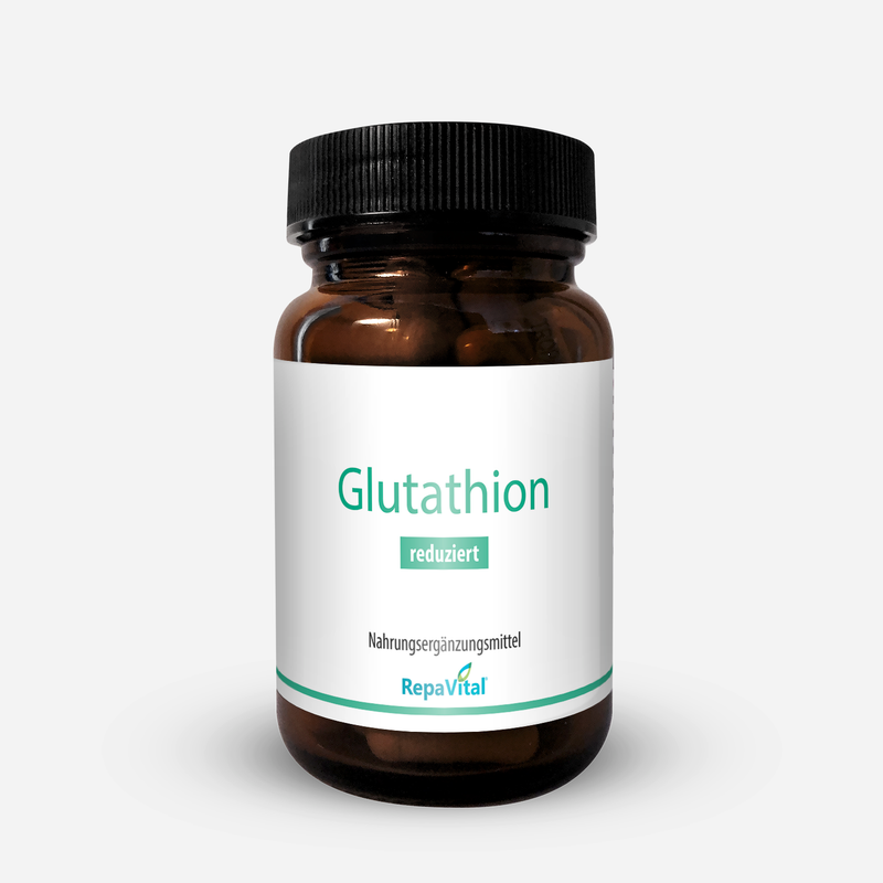RepaVital Glutathion reduziert – Nahrungsergänzungsmittel mit reduziertem L-Glutathion in Braunglasdose mit weißem Etikett
