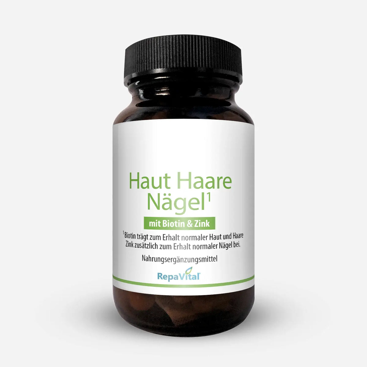 RepaVital Nahrungsergänzungsmittel Haut Haare Nägel mit Biotin, Zink, Bambussprossen-, Eichhase- und Perlhirsesamen-Extrakt in braunem Glasbehälter