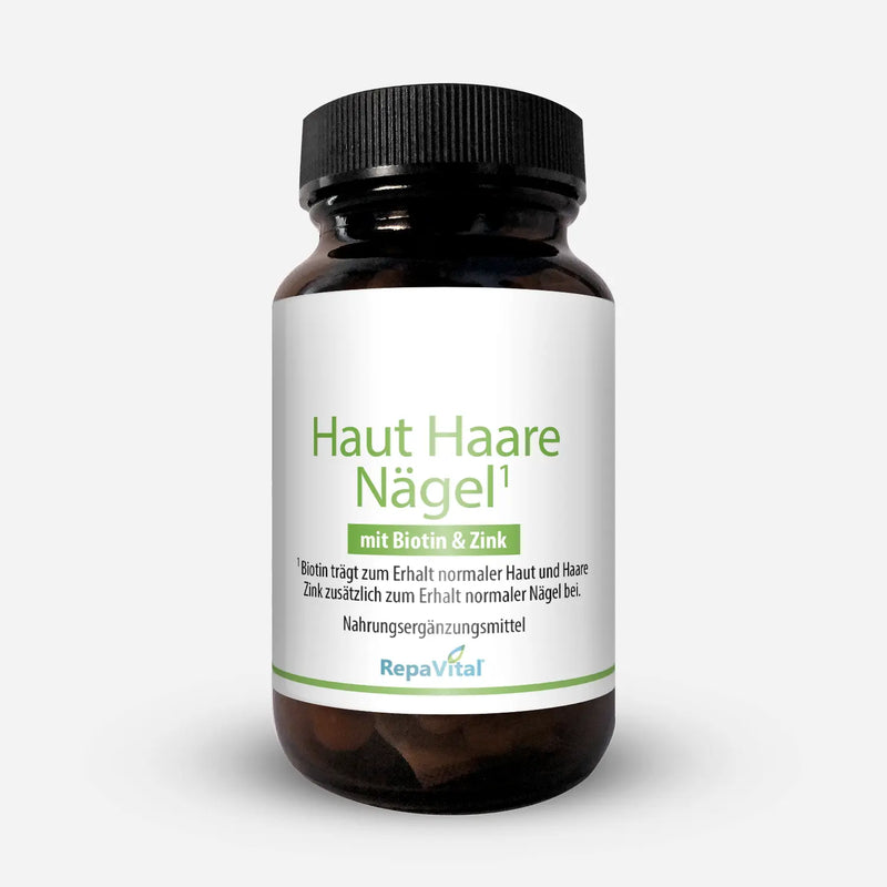 RepaVital Nahrungsergänzungsmittel Haut Haare Nägel mit Biotin, Zink, Bambussprossen-, Eichhase- und Perlhirsesamen-Extrakt in braunem Glasbehälter