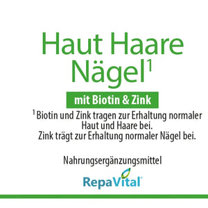 Etikett des RepaVital Nahrungsergänzungsmittels Haut Haare Nägel mit Biotin, Zink, Bambussprossen-Extrakt, Perlhirsesamen-Extrakt und Eichhase-Extrakt