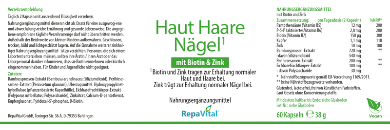 Etikett des RepaVital Nahrungsergänzungsmittels Haut Haare Nägel mit Biotin, Zink, Bambussprossen-Extrakt, Perlhirsesamen-Extrakt und Eichhase-Extrakt