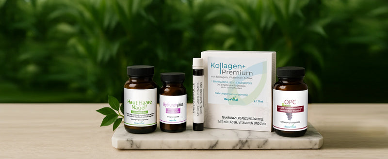 Produktabbildung: Repavital Set mit Haut Haare Nägel, Hyaluronplus, Kollagen+ Premium und OPC auf Steinplatte.