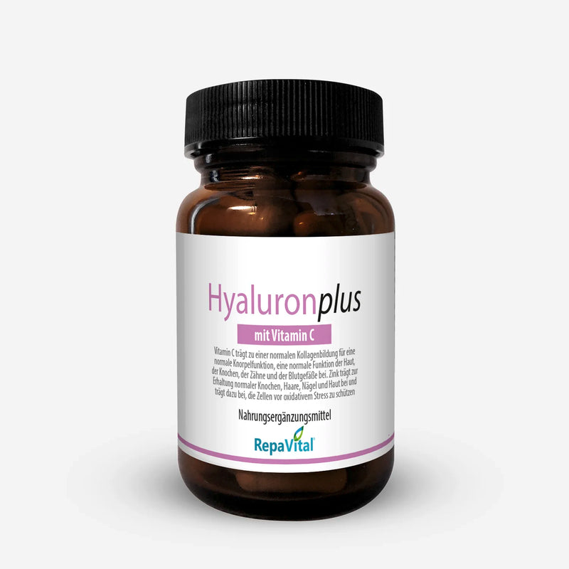 RepaVital Hyaluronplus – Nahrungsergänzungsmittel mit Hyaluronsäure, Vitamin C und Granatapfelkernpulver in einer braunen Glasdose