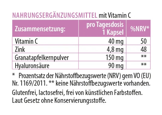Zusammensetzung Nahrungsergänzungsmittel mit Vitamin C: Tabelle mit Zink, Granatapfelkernpulver und Hyaluronsäure