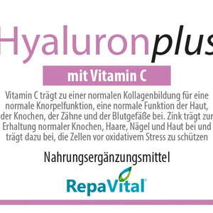 Etikett des Nahrungsergänzungsmittels RepaVital Hyaluronplus mit Vitamin C, Zink, Hyaluronsäure und Granatapfelkernpulver, 60 vegane Kapseln