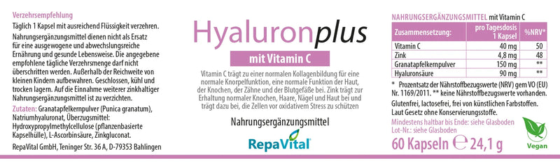 Etikett des Nahrungsergänzungsmittels RepaVital Hyaluronplus mit Vitamin C, Zink, Hyaluronsäure und Granatapfelkernpulver, 60 vegane Kapseln