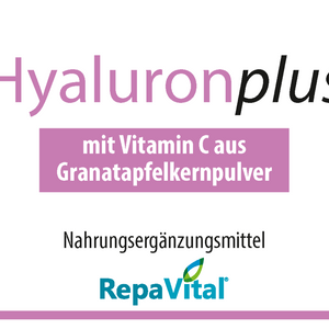 Etikett des Nahrungsergänzungsmittels RepaVital Hyaluronplus mit Vitamin C, Zink, Hyaluronsäure und Granatapfelkernpulver, 60 vegane Kapseln