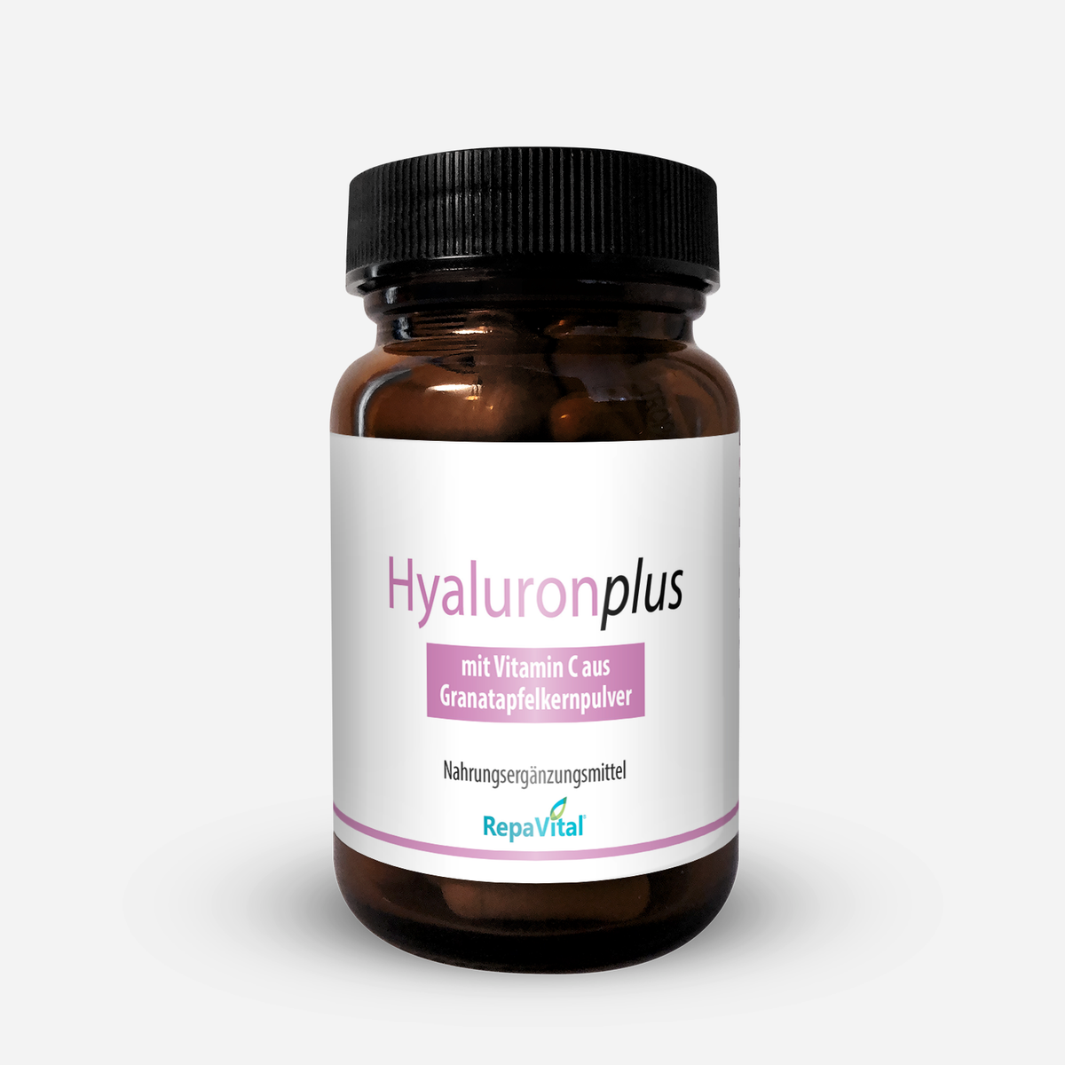 RepaVital Hyaluronplus – Nahrungsergänzungsmittel mit Hyaluronsäure, Vitamin C und Granatapfelkernpulver in einer braunen Glasdose