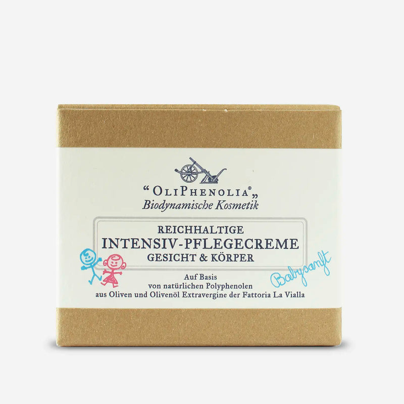 Verpackung der reichhaltigen Intensiv-Pflegecreme für Gesicht und Körper von OliPhenolia® mit Aufschrift „Babysanft“, auf Basis natürlicher Polyphenole aus Oliven.