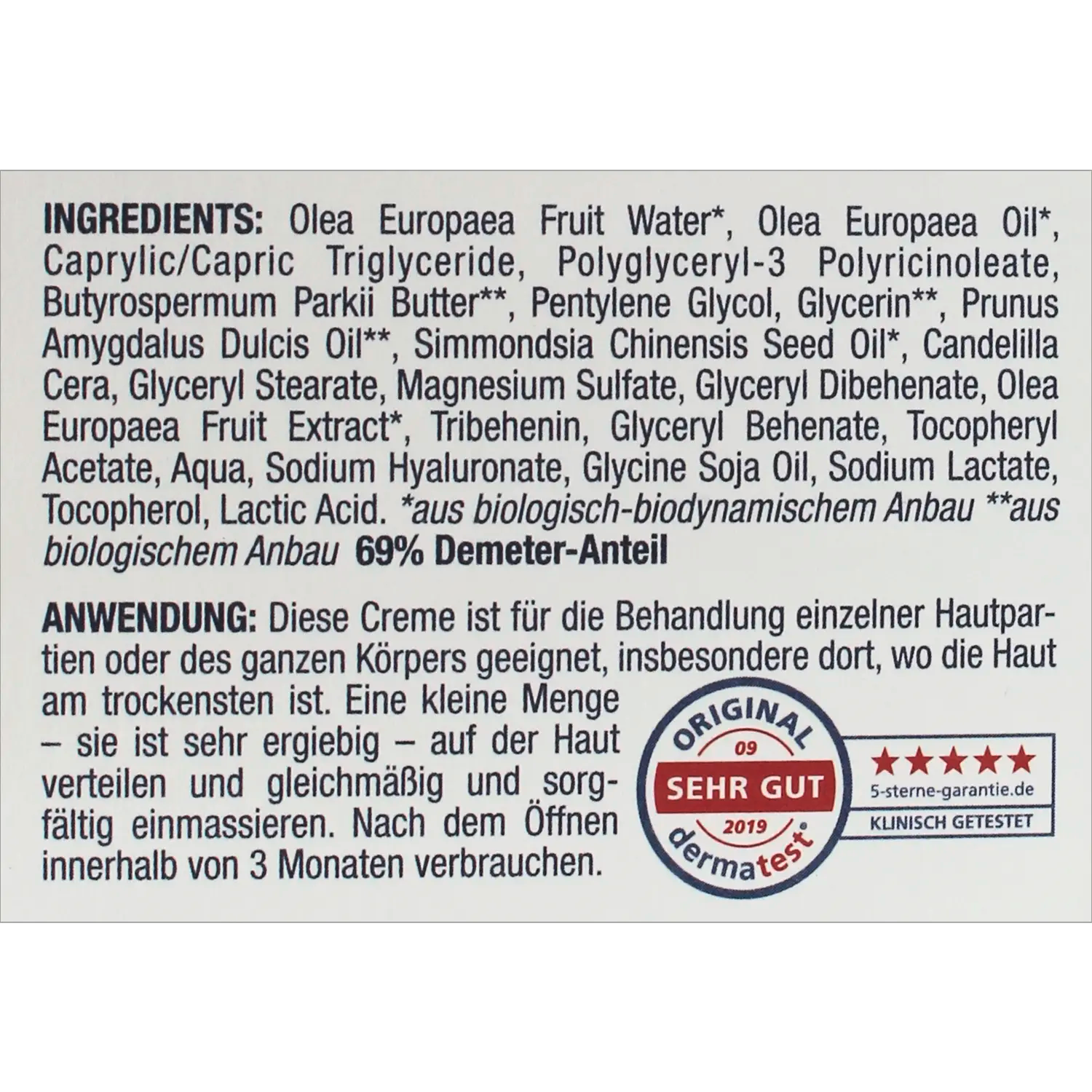 Inhaltsstoffe und Anwendungshinweise der OliPhenolia® Intensiv-Pflegecreme für Gesicht und Körper auf der Rückseite der Verpackung, inklusive Dermatest-Siegel „Sehr gut“ von 2019.