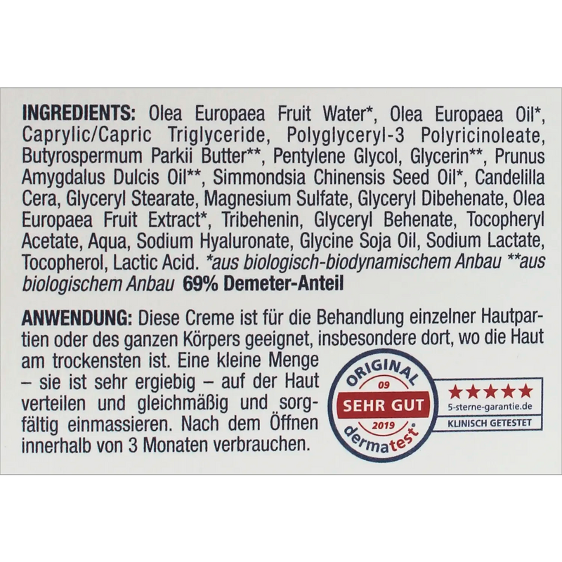 Inhaltsstoffe und Anwendungshinweise der OliPhenolia® Intensiv-Pflegecreme für Gesicht und Körper auf der Rückseite der Verpackung, inklusive Dermatest-Siegel „Sehr gut“ von 2019.