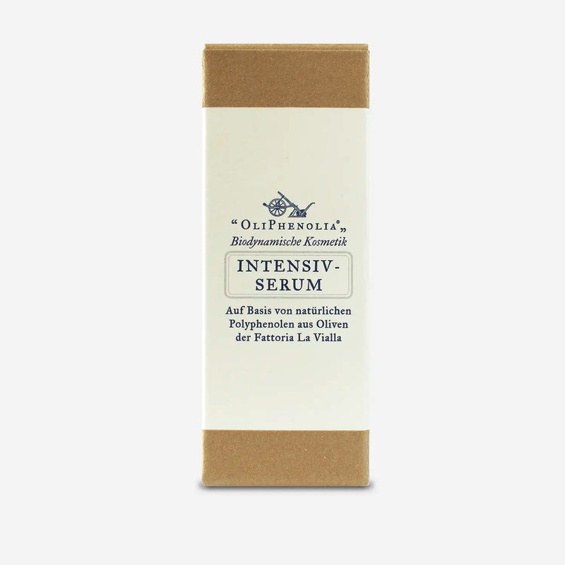 Kartonverpackung des OliPhenolia Intensiv-Serums auf Basis natürlicher Polyphenole aus Oliven – biodynamische Kosmetik.