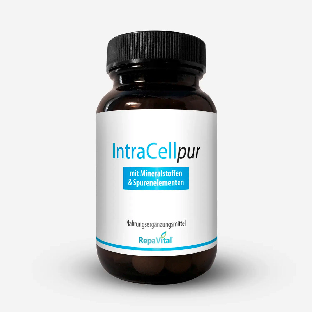 Braunglasdose mit dem Nahrungsergänzungsmittel IntraCellpur von RepaVital – mit Mineralstoffen und Spurenelementen für den täglichen Bedarf.