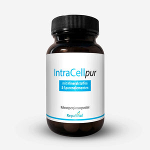 Braunglasdose mit dem Nahrungsergänzungsmittel IntraCellpur von RepaVital – mit Mineralstoffen und Spurenelementen für den täglichen Bedarf.