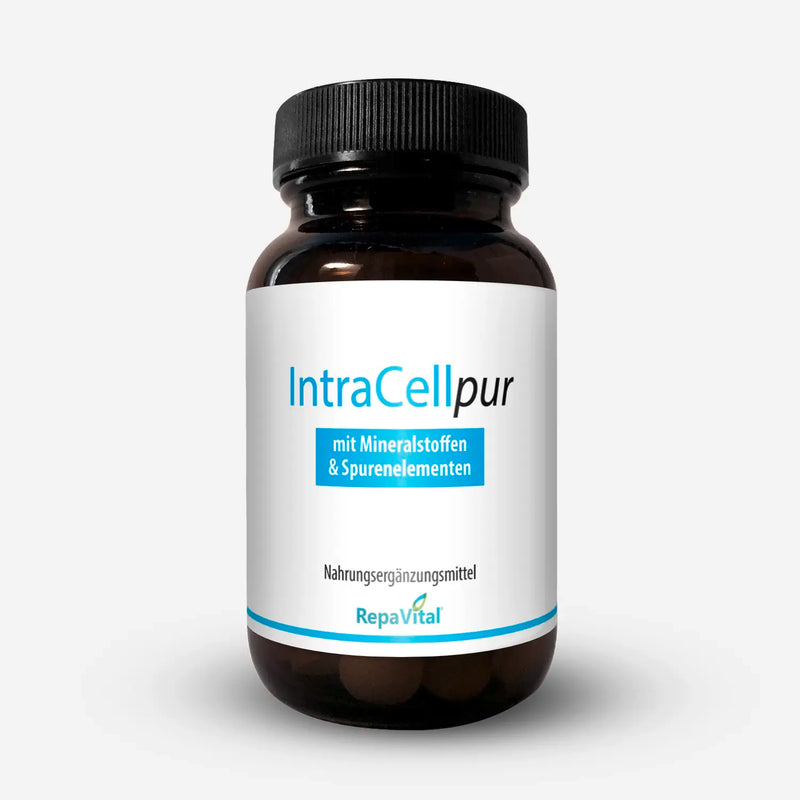 Braunglasdose mit dem Nahrungsergänzungsmittel IntraCellpur von RepaVital – mit Mineralstoffen und Spurenelementen für den täglichen Bedarf.