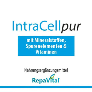 Produktetikett IntraCell pur von RepaVital mit Zusammensetzung aus Mineralstoffen, Spurenelementen und Vitaminen.