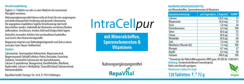 Produktetikett IntraCell pur von RepaVital mit Zusammensetzung aus Mineralstoffen, Spurenelementen und Vitaminen.