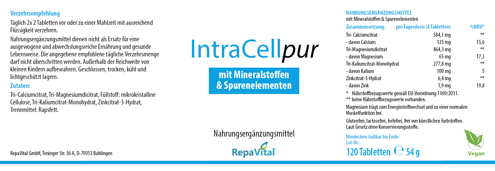 Etikett von IntraCellpur von RepaVital – veganes Nahrungsergänzungsmittel mit Calcium, Magnesium, Kalium und Zink zur Unterstützung des Energiestoffwechsels und der Muskelfunktion, 120 Tabletten
