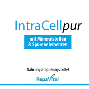 Etikett von IntraCellpur von RepaVital – veganes Nahrungsergänzungsmittel mit Calcium, Magnesium, Kalium und Zink zur Unterstützung des Energiestoffwechsels und der Muskelfunktion, 120 Tabletten
