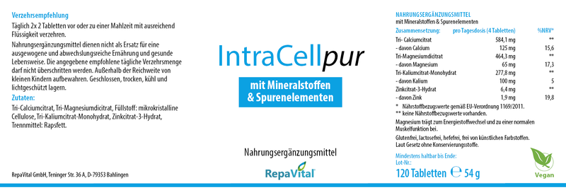 Etikett von IntraCellpur von RepaVital – veganes Nahrungsergänzungsmittel mit Calcium, Magnesium, Kalium und Zink zur Unterstützung des Energiestoffwechsels und der Muskelfunktion, 120 Tabletten

