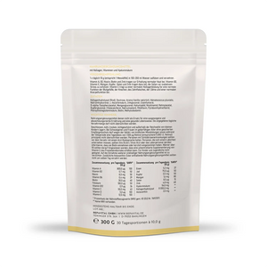 Rückseite des RepaVital Kollagen Pulver Standbeutels mit Zutatenliste, Verzehrempfehlung, Nährwertangaben und 300 g Inhalt (30 Portionen).