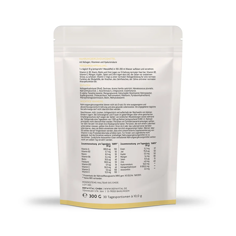 Rückseite des RepaVital Kollagen Pulver Standbeutels mit Zutatenliste, Verzehrempfehlung, Nährwertangaben und 300 g Inhalt (30 Portionen).
