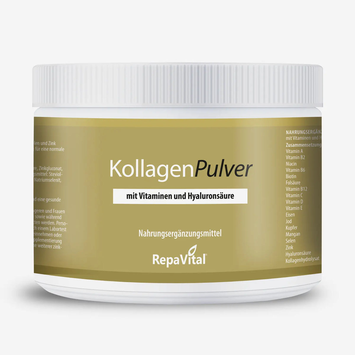 Weiße Dose mit goldenem Etikett des KollagenPulver von RepaVital – Nahrungsergänzungsmittel mit Vitaminen und Hyaluronsäure für Haut, Haare und Nägel.